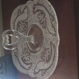 Antique Paden City Glass Etched Tidbit Sandwich Tray Glass Serving With Handle